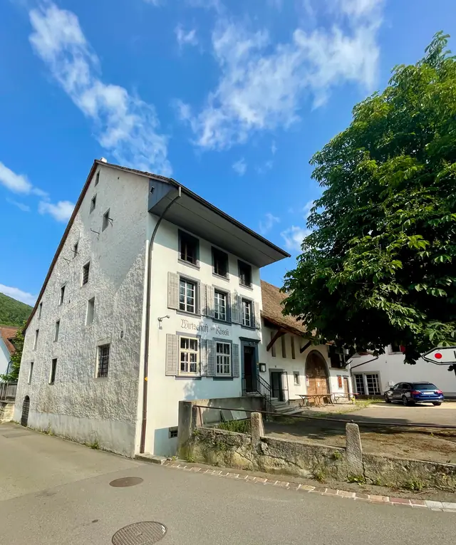 Die Hausfassade mit Rauputz und grauen Fensterläden, rechts ein grosser Laubbaum, darüber blauer Himmel