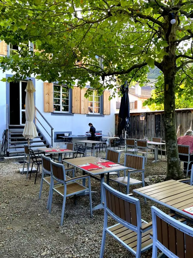 Das Haus von hinten: Tische und Stühle im Hof unter dem Laubdach der Platane